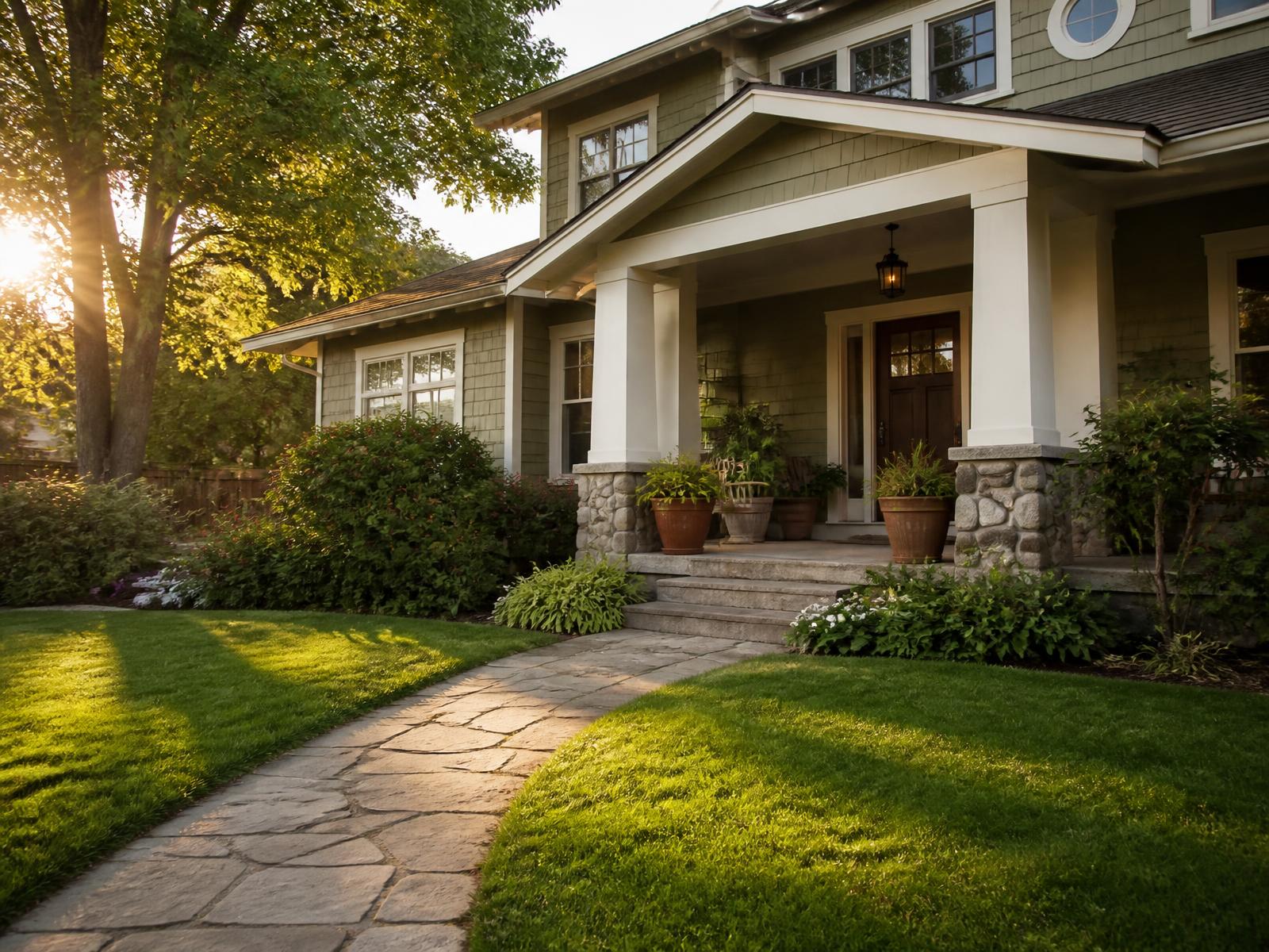 A well-maintained home with a manicured lawn at golden hour